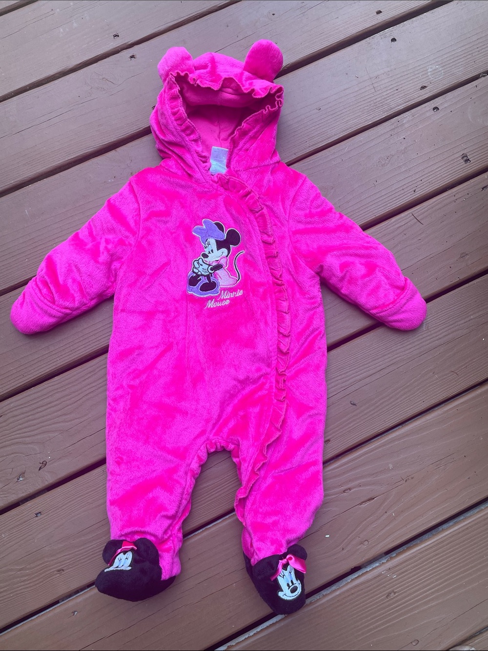 Disney Baby Minnie Mouse Pink Plush Hooded Snowsuit Bunting Size 6-9M